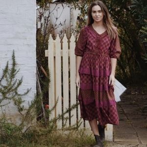 Ankoa Plum & Mustard Geometric Tiered Boho Midi Dress Size S